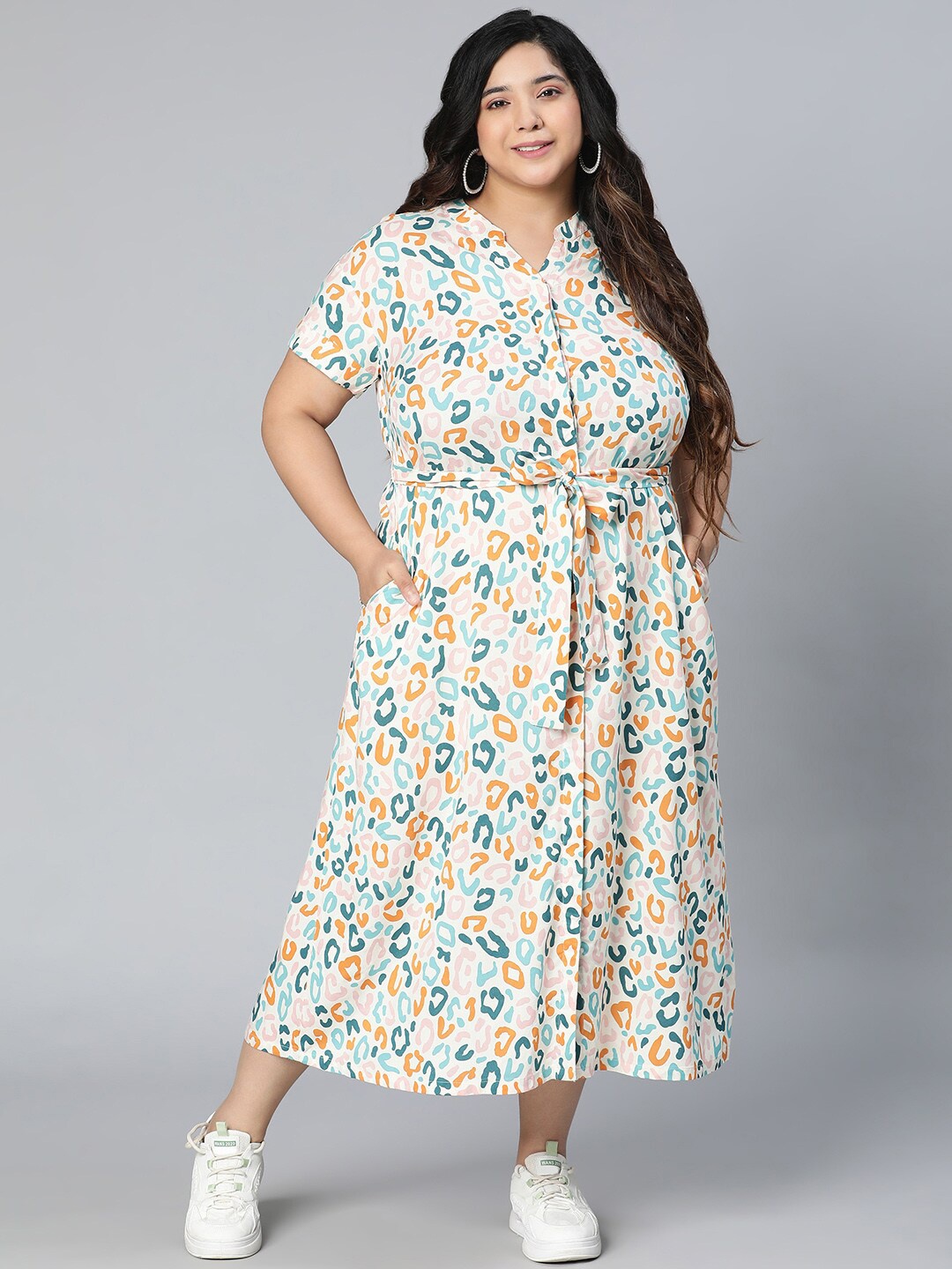 

Oxolloxo Plus Size White & Pink Crepe Shirt Midi Dress