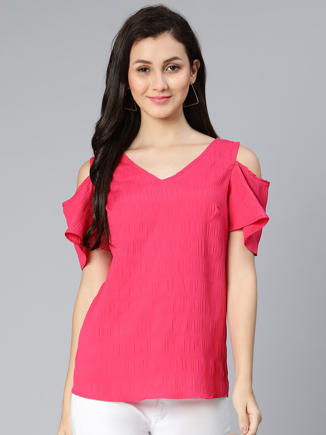 

Oxolloxo Women Pink Solid Cold Shoulder Top