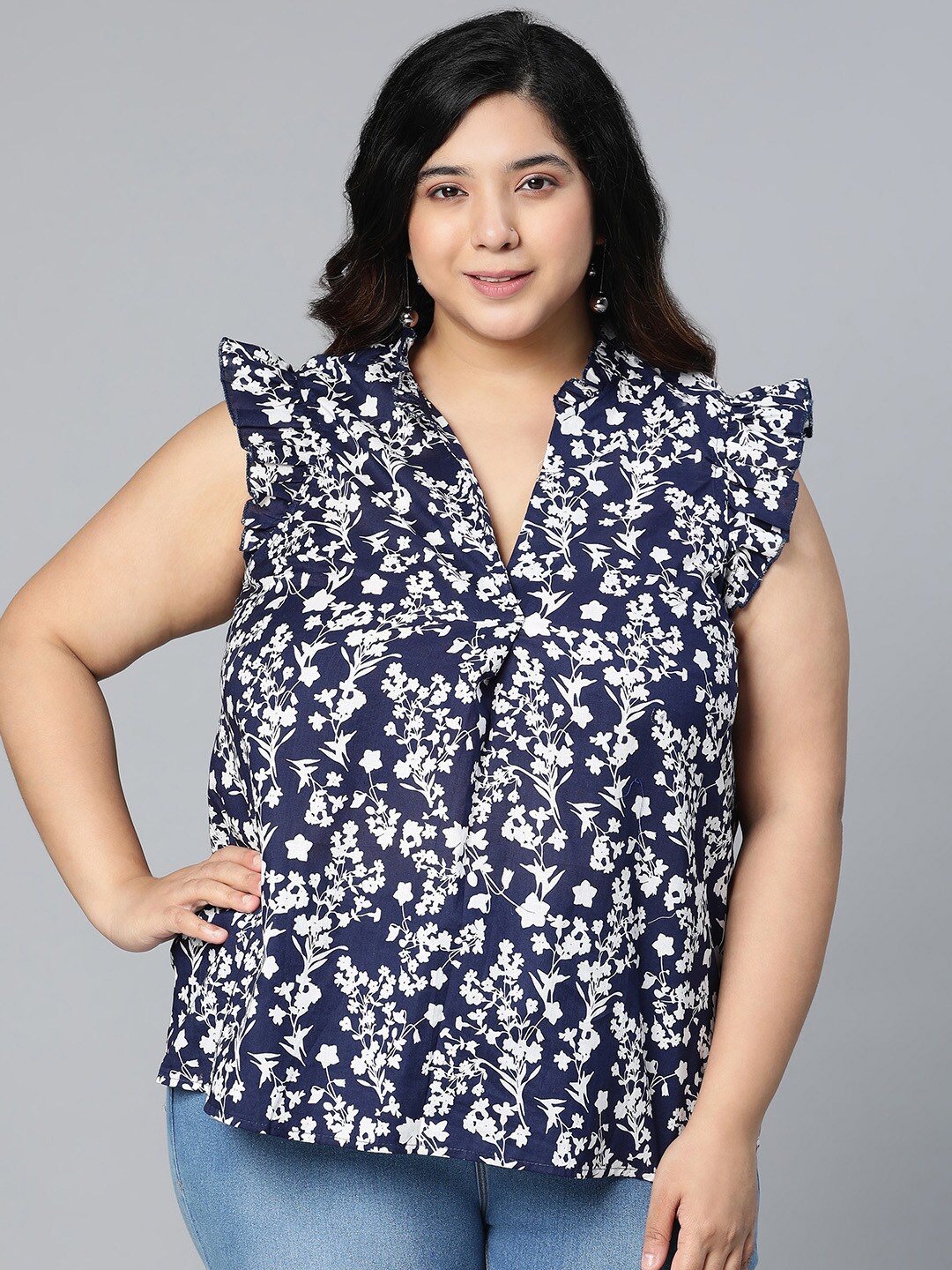 

Oxolloxo Navy Blue Floral Print Mandarin Collar Ruffles Top