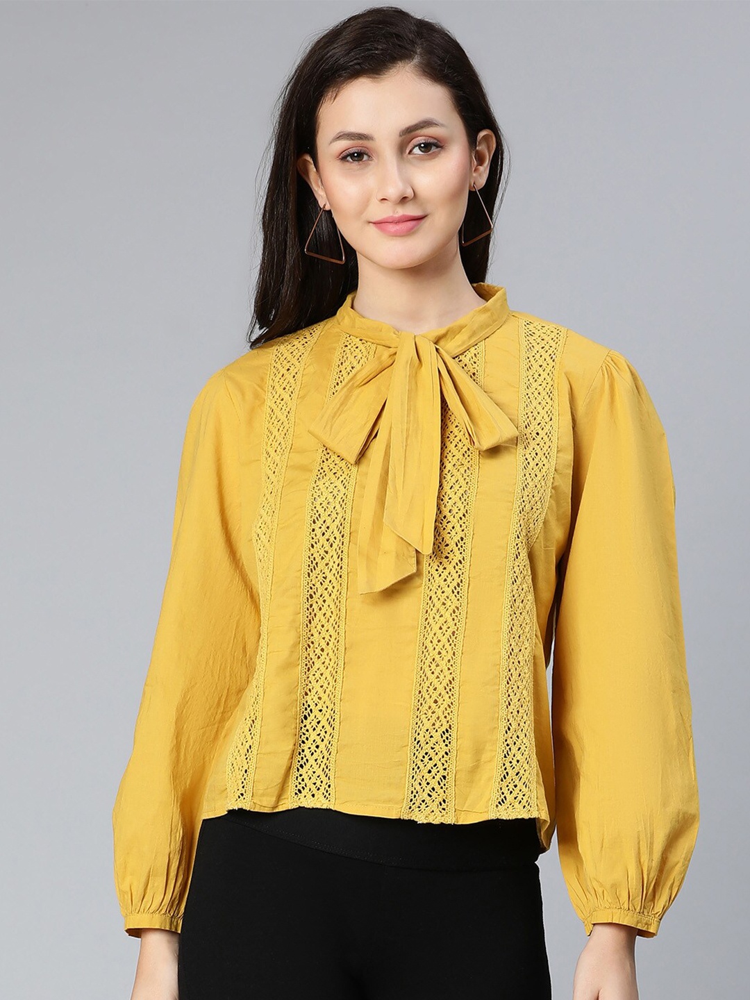 

Oxolloxo Women Pure cotton Mustard Yellow Tie-Up Neck Top