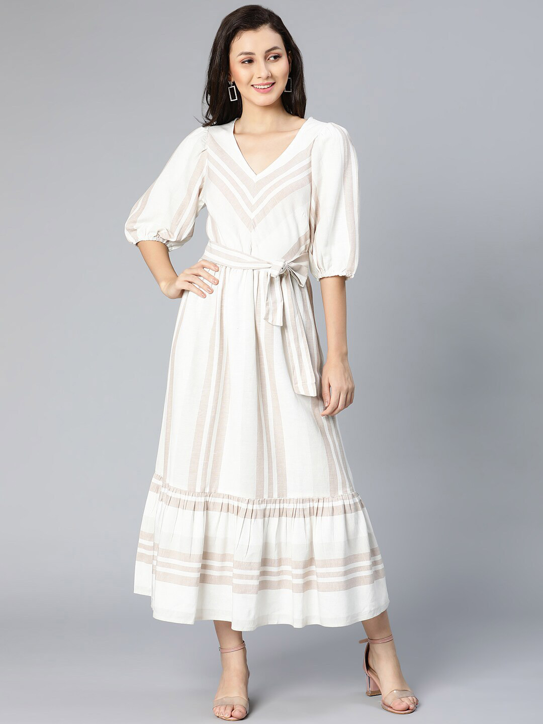 

Oxolloxo White Striped Cotton Maxi Dress