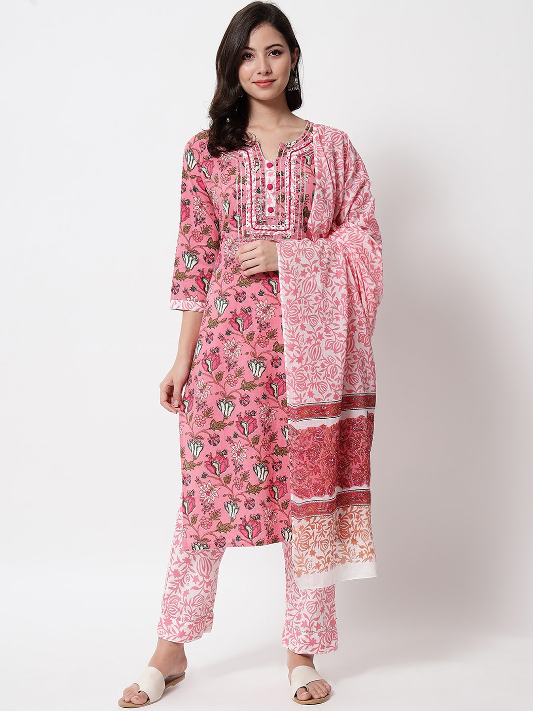 

IkDaiya Women Pink Printed Pure Cotton Kurta with Trousers & With Dupatta