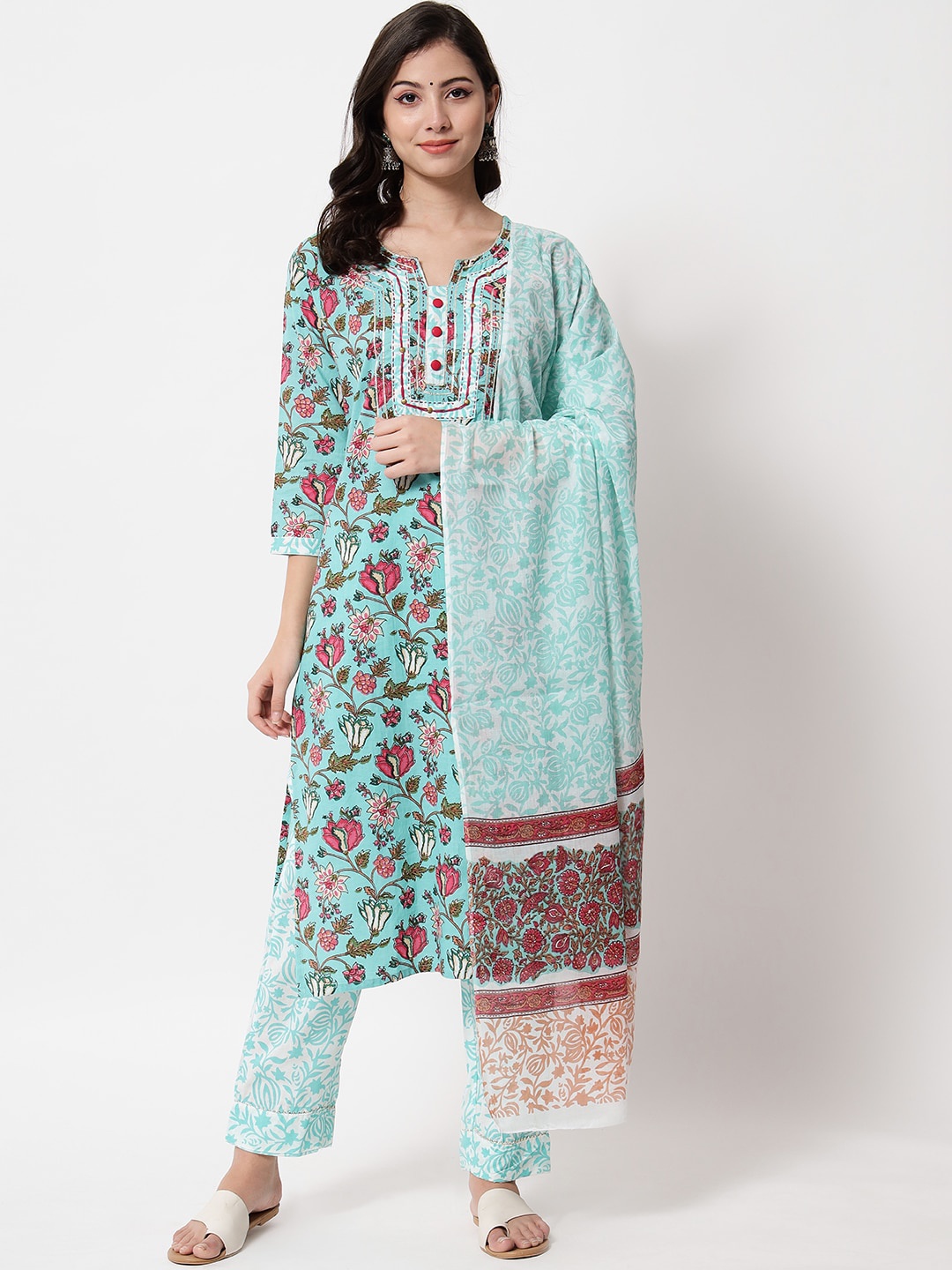 

IkDaiya Women Blue Floral Printed Pure Cotton Kurta with Trousers & With Dupatta