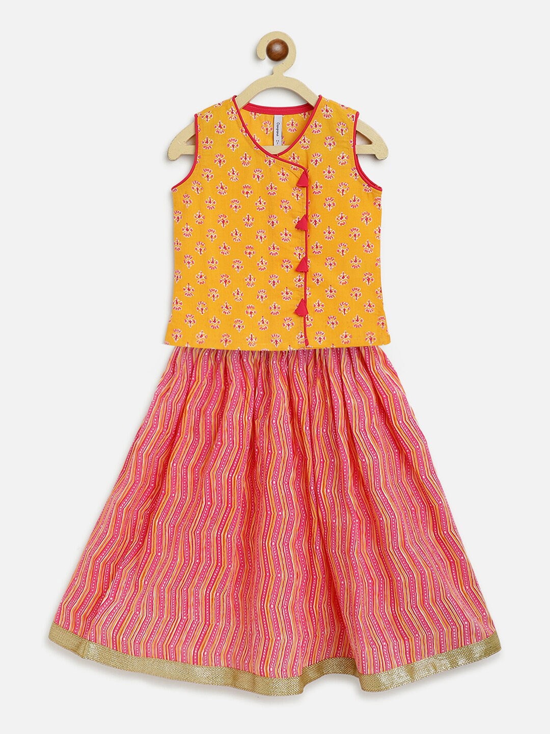 

Campana Girls Yellow & Pink Printed Ready to Wear Lehenga &
