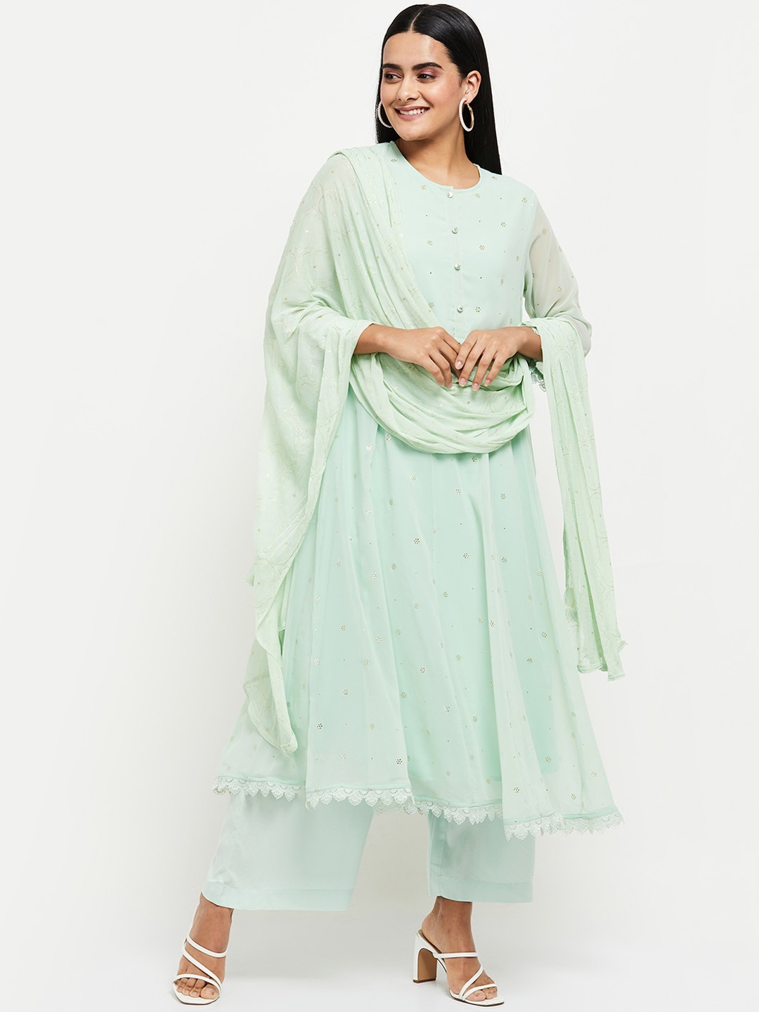 

max Women Sea Green Embroidered Panelled Kurta with Palazzos & With Dupatta