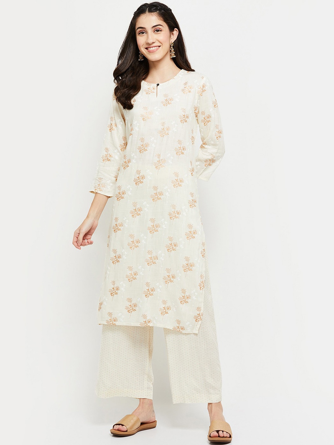 

max Women Off White Floral Printed Kurta with Palazzos