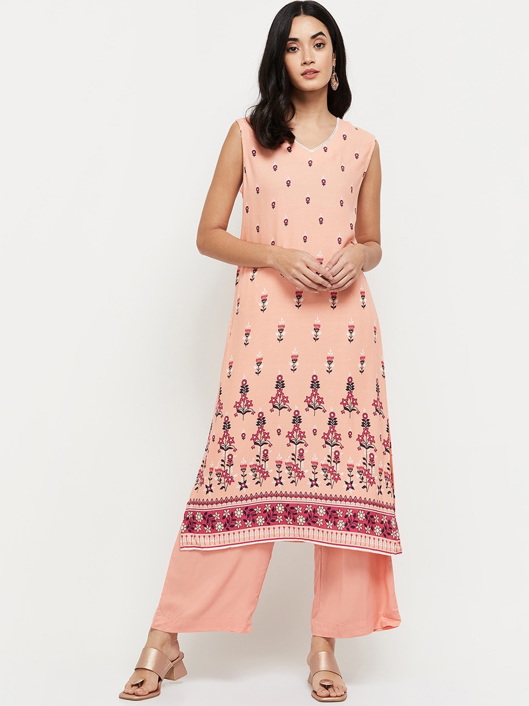 

max Women Peach-Coloured Floral Printed Kurta with Palazzos