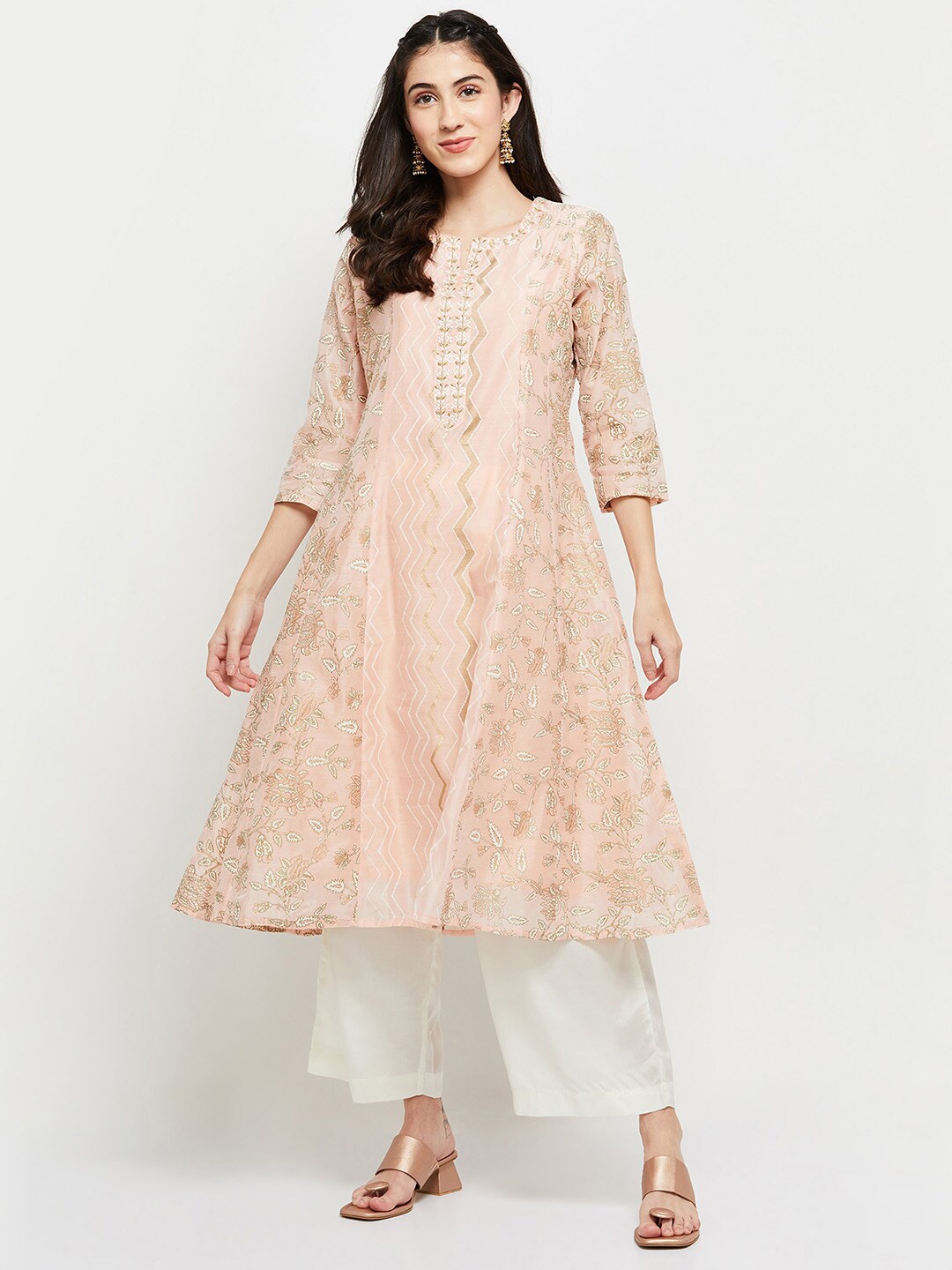 

max Women Peach-Coloured & White Floral Panelled Kurta with Trousers & Dupatta