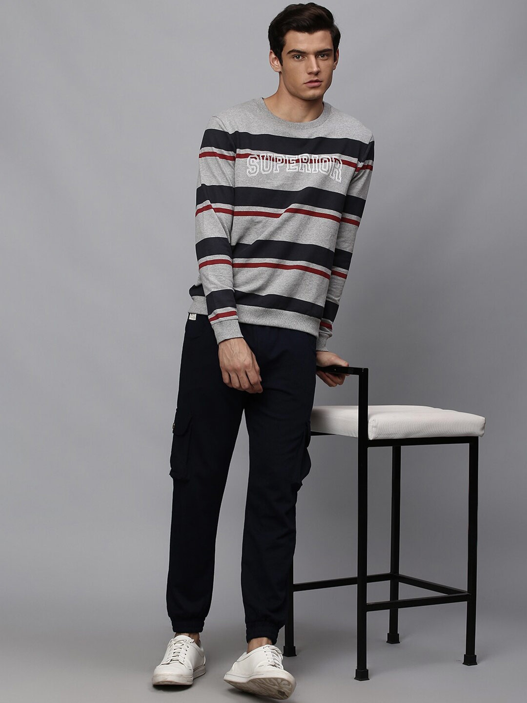 

High Star Men Grey Melange & Black Striped Sweatshirt