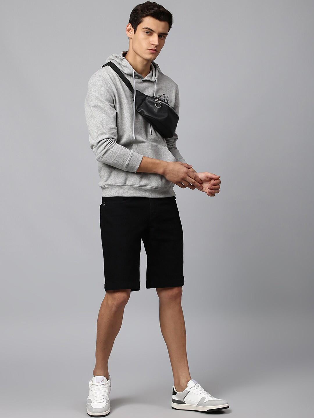 

High Star Men Grey Melange Printed Hooded Sweatshirt