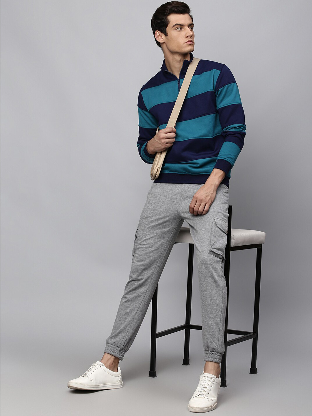 

High Star Men Teal Striped Sweatshirt
