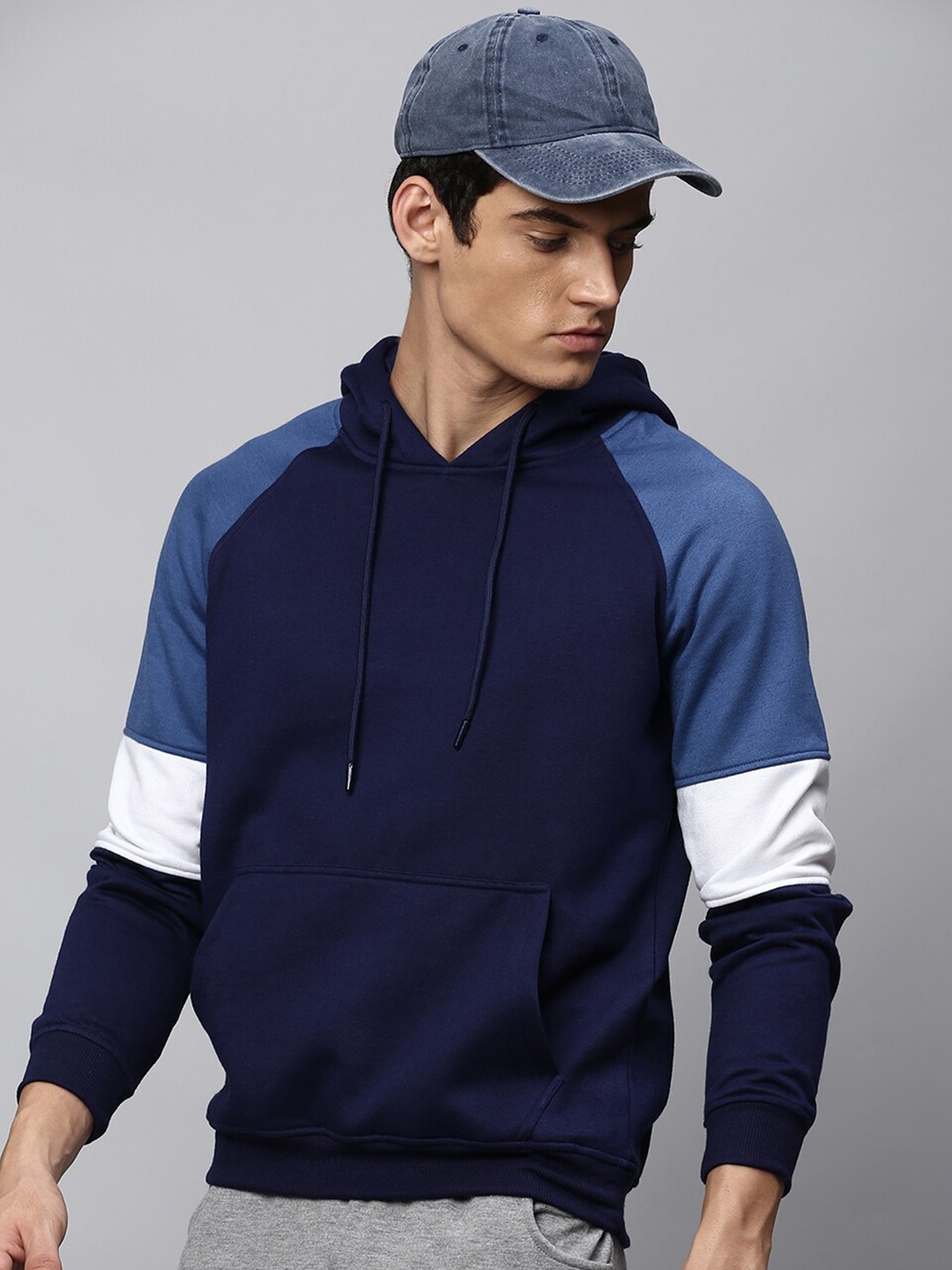 

High Star Men Navy Blue& White Colourblocked Hooded Sweatshirt