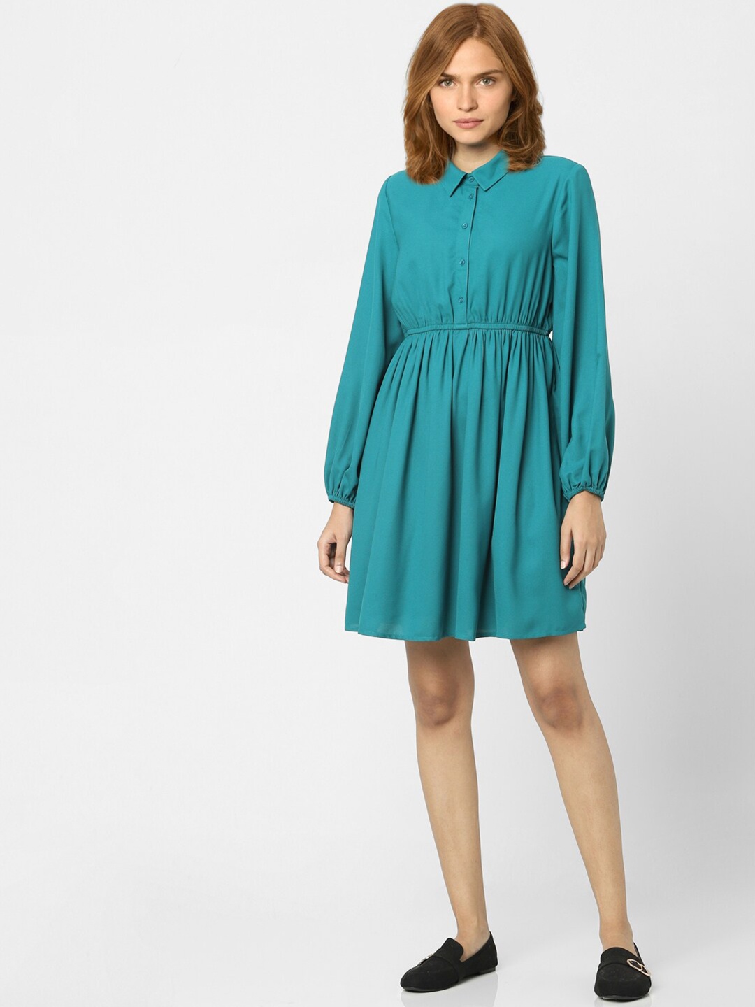 

Vero Moda Women Teal Green Puff Sleeve Shirt Dress