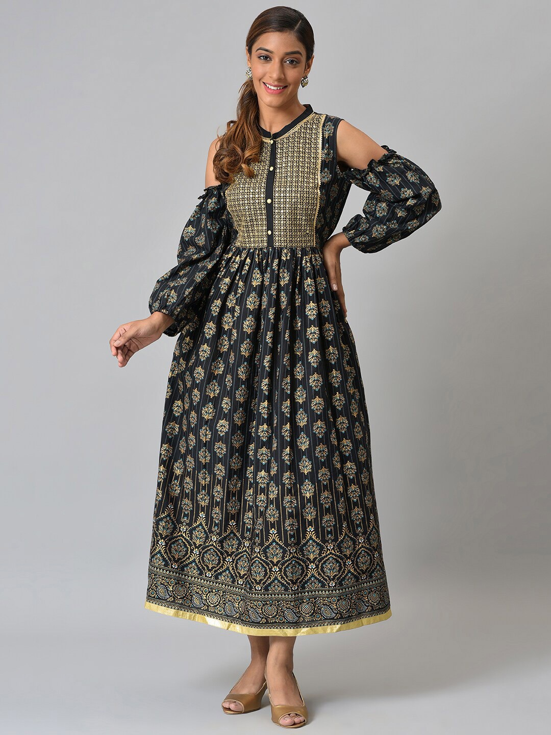 

AURELIA Women Black & Beige Ethnic Motifs Pure Cotton Maxi Dress