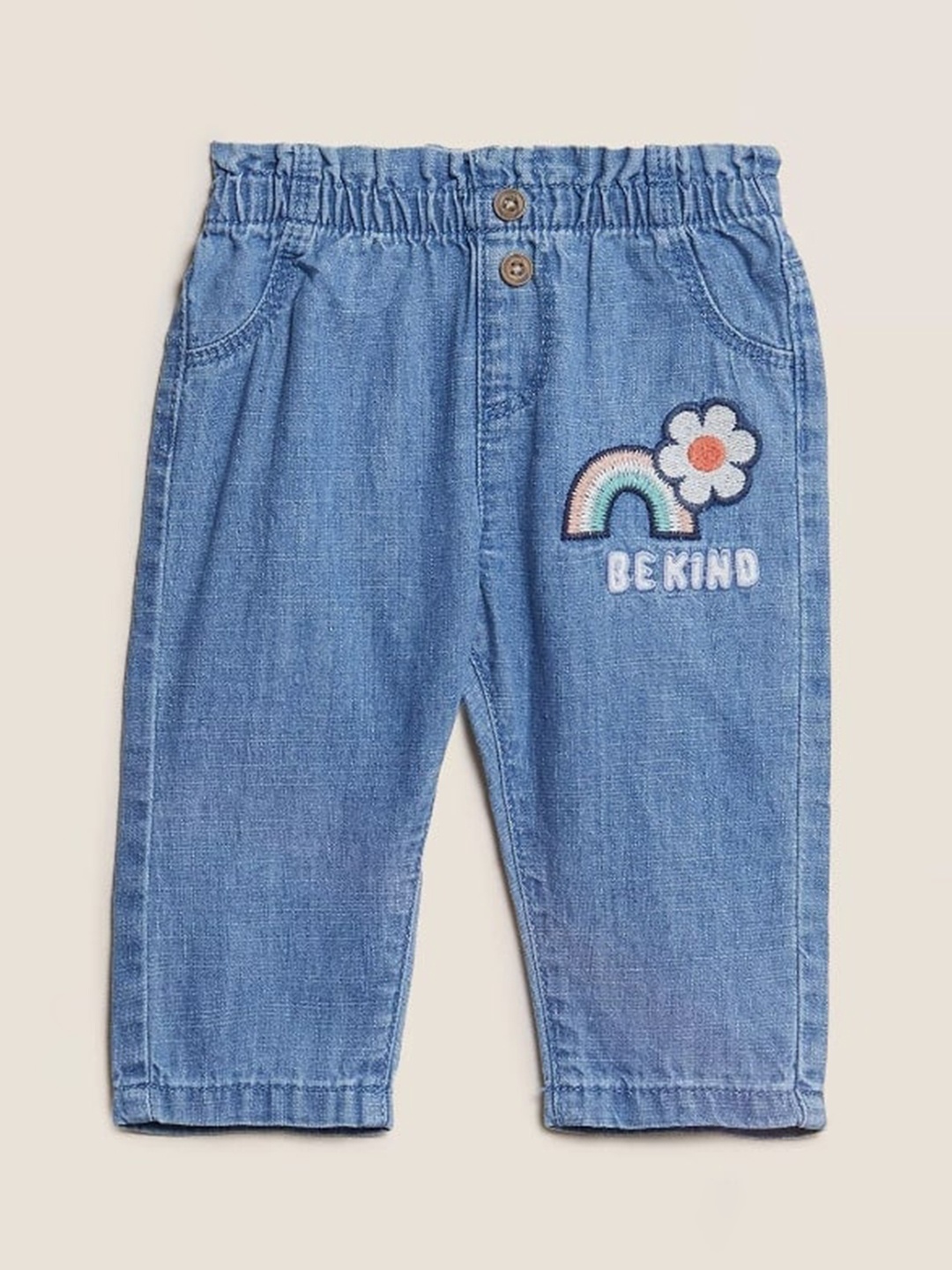 

Marks & Spencer Girls Blue High-Rise Mildly Distressed Embroidered Jeans