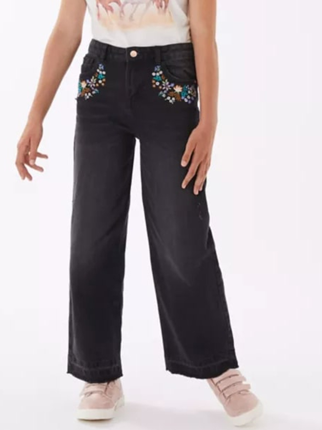 

Marks & Spencer Girls Black Wide Leg High-Rise Low Distress Embroidered Jeans