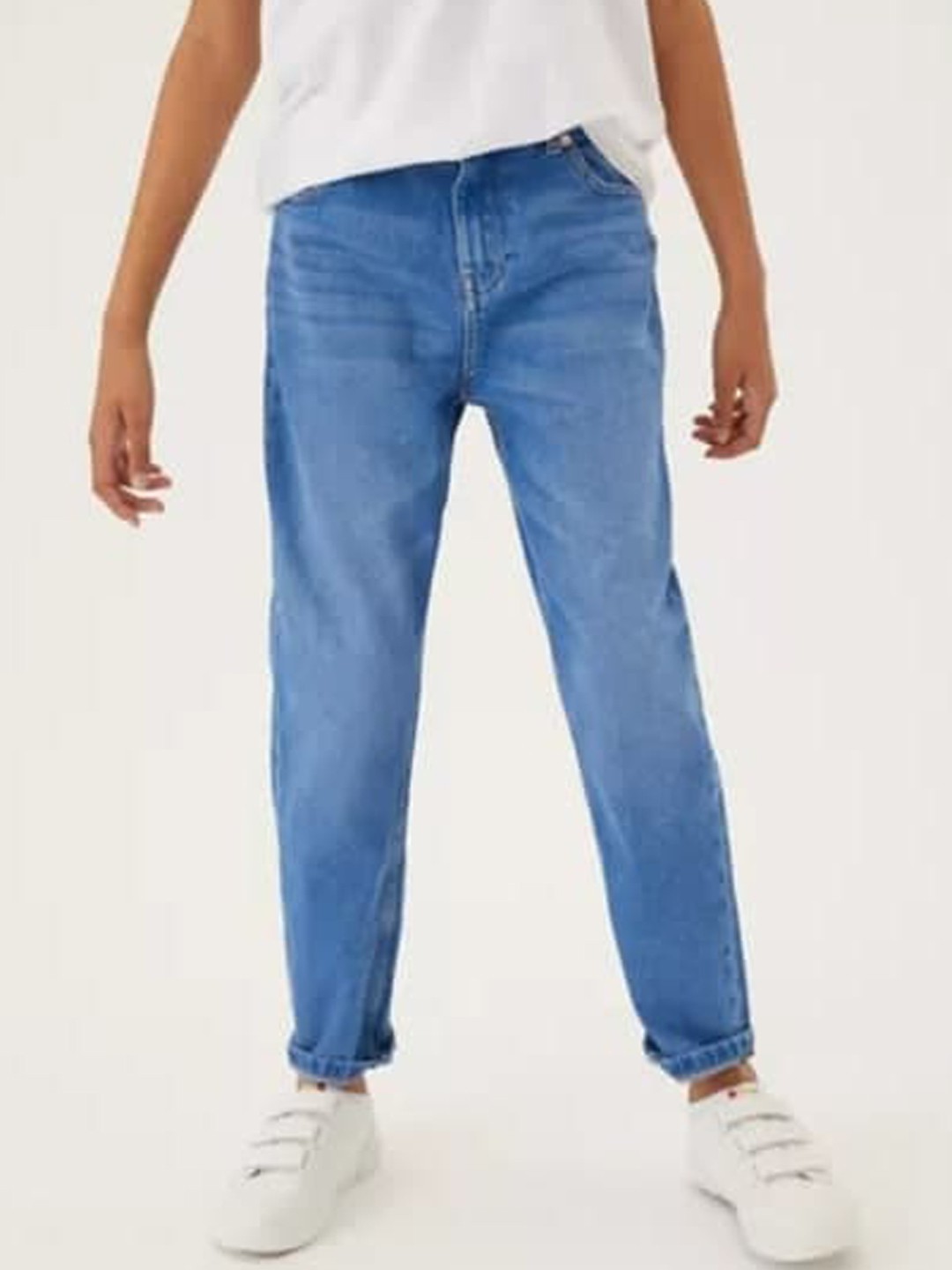 

Marks & Spencer Girls Blue Pure Cotton High-Rise Low Distress Jeans