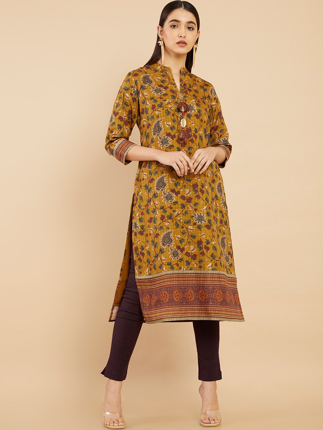 

Soch Women Mustard Yellow Ethnic Motifs Printed Linen Kurta