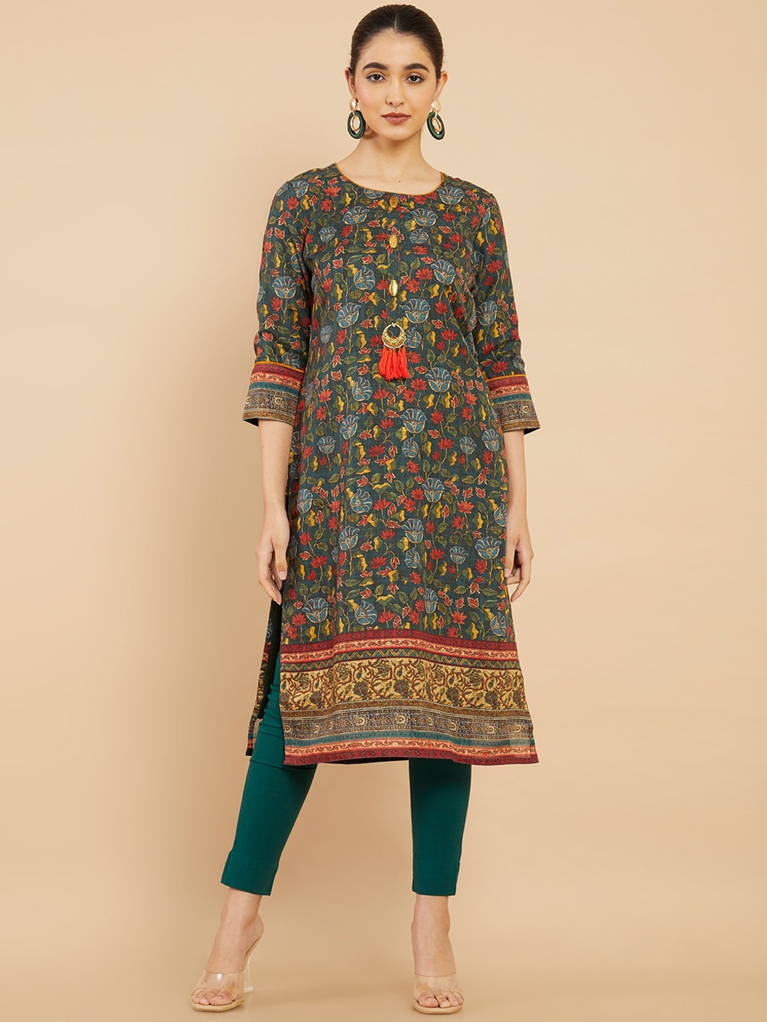 

Soch Women Green Floral Printed Linen Kurta