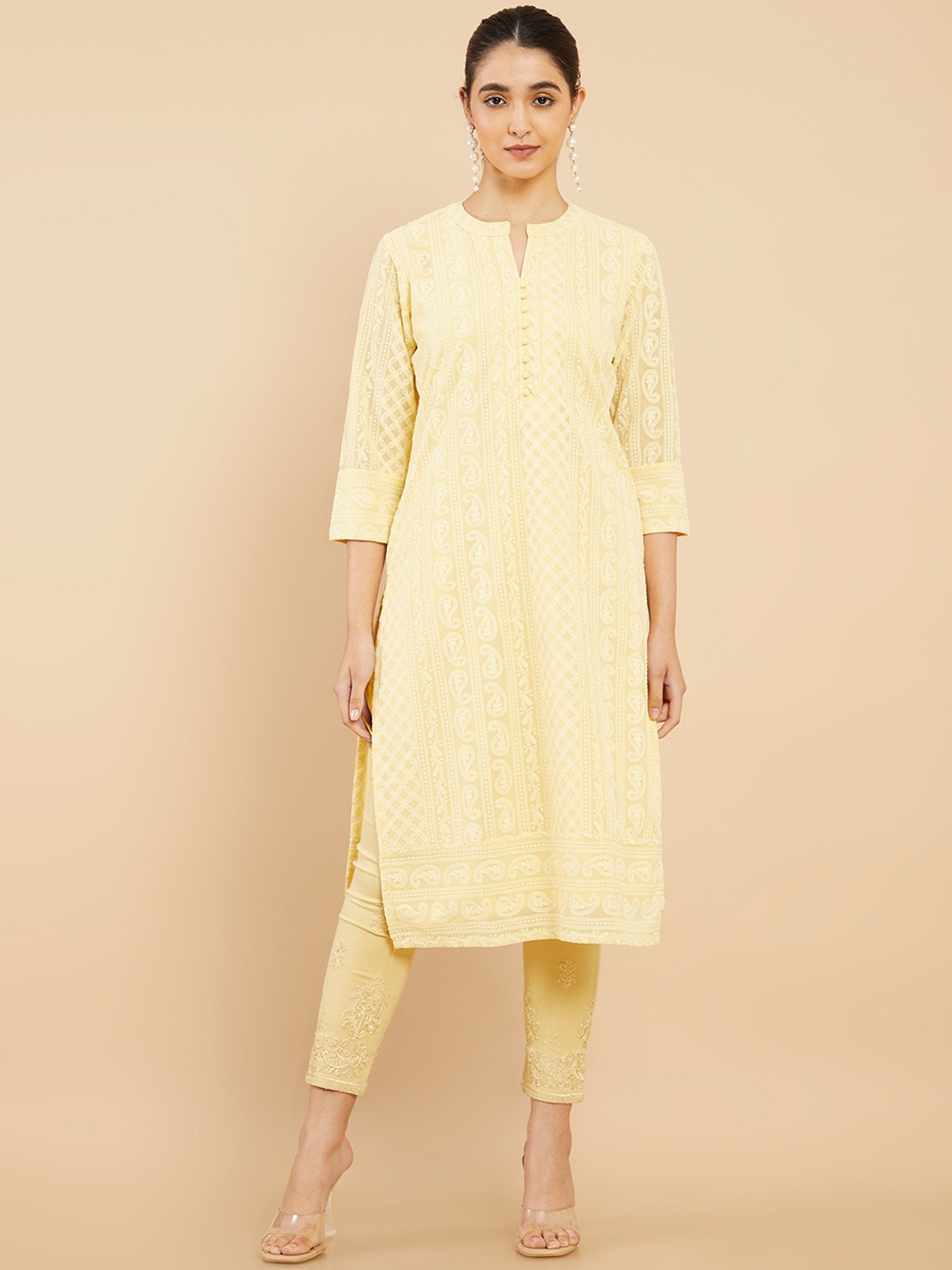 

Soch Women Yellow Ethnic Motifs Embroidered Chikankari Georgette Kurta