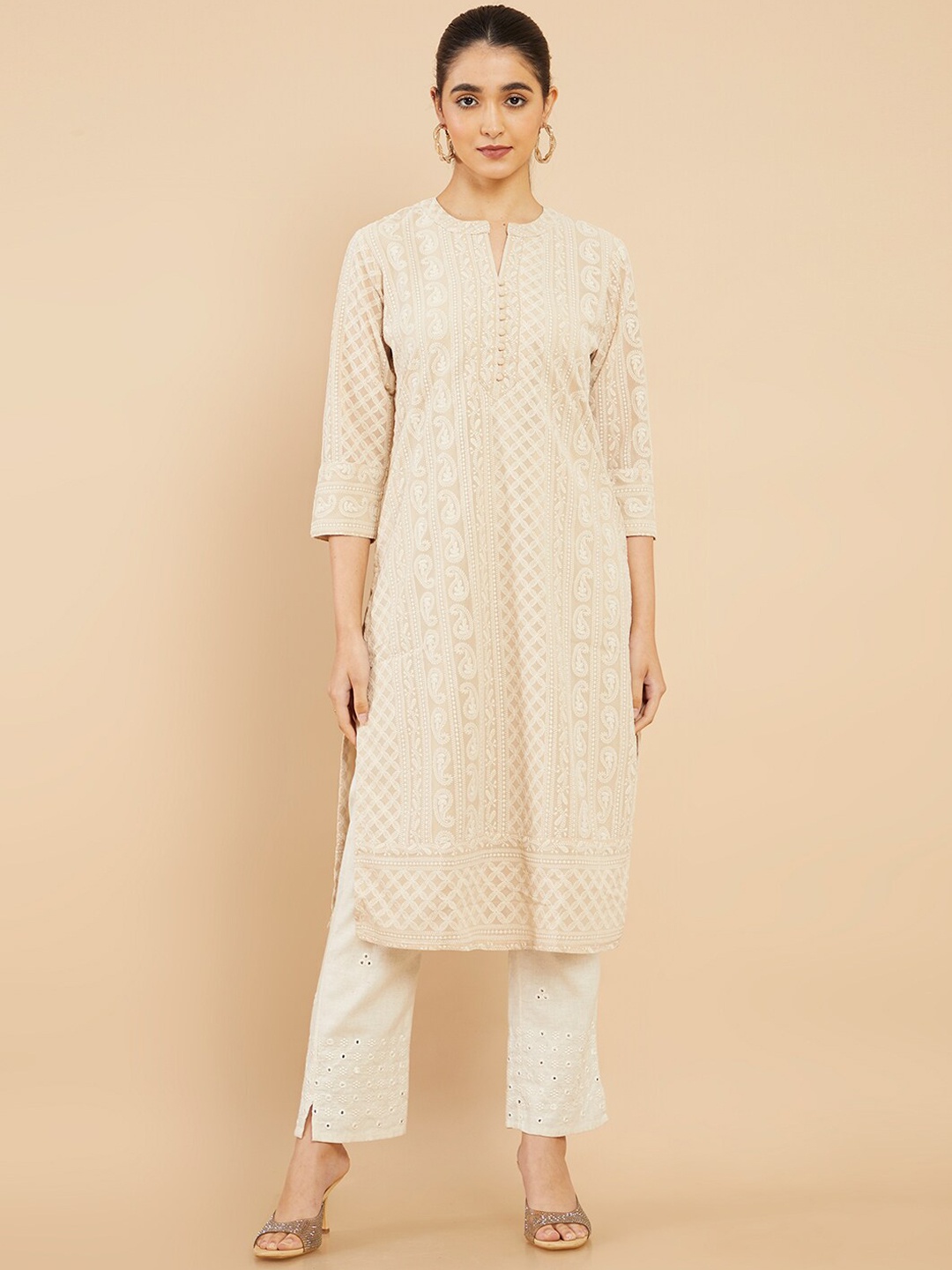 

Soch Women Beige Ethnic Motifs Embroidered Chikankari Georgette Kurta