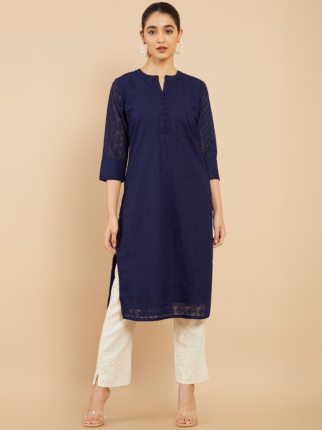 Soch Women Navy Blue Thread Work Georgette Kurta