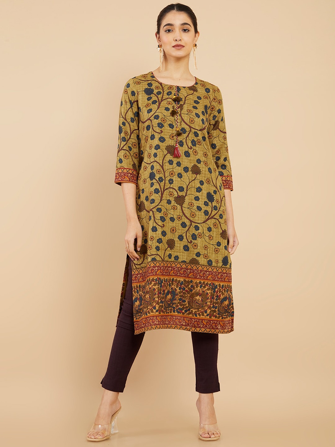 

Soch Women Olive Green & Blue Floral Printed Kurta