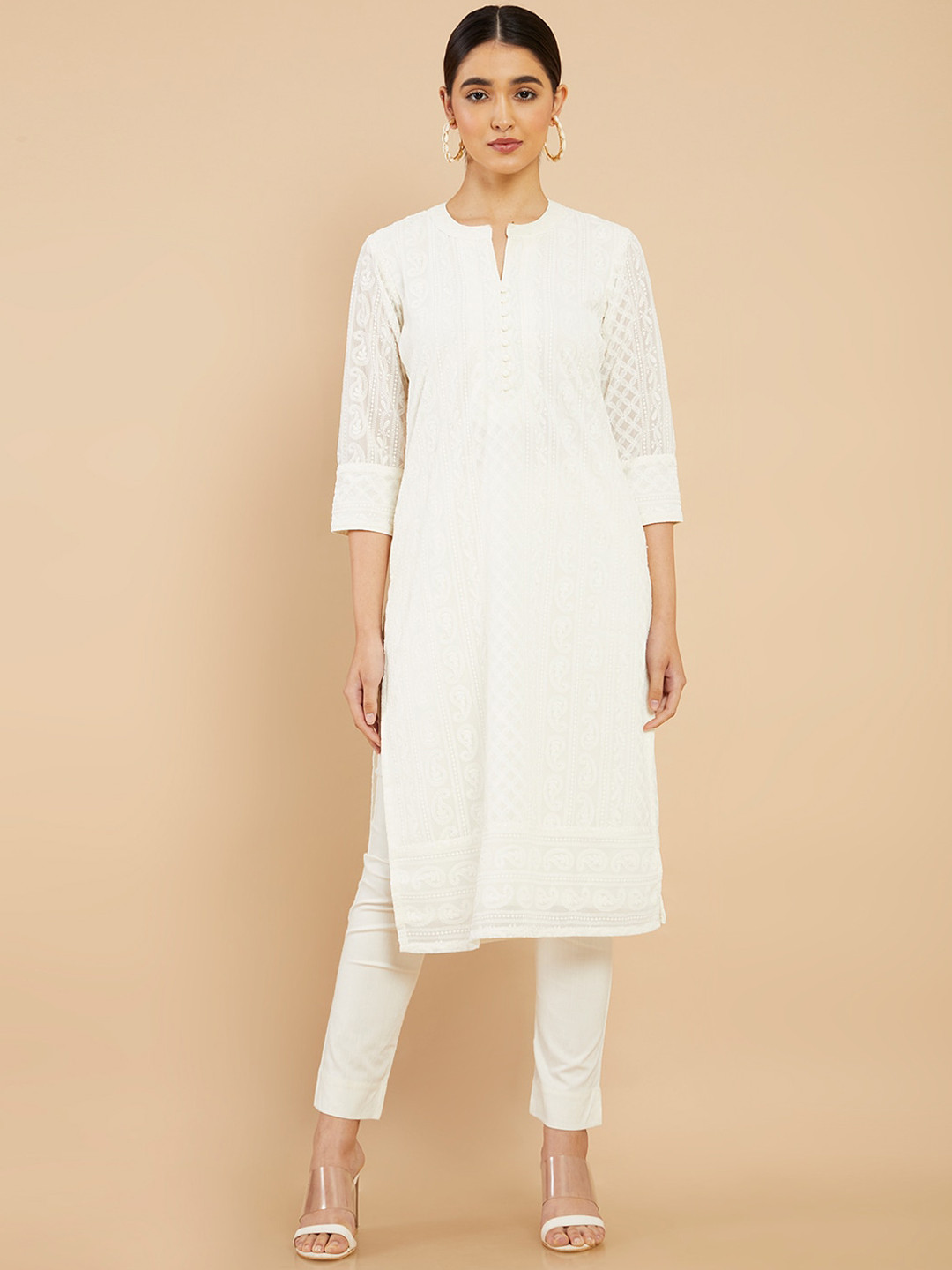 

Soch Women White Embroidered Keyhole Neck Chikankari Georgette Kurta
