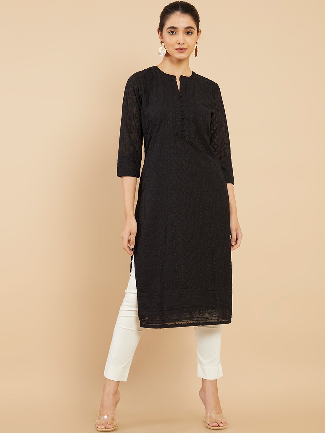 

Soch Women Black Embroidered Keyhole Neck Georgette Kurta