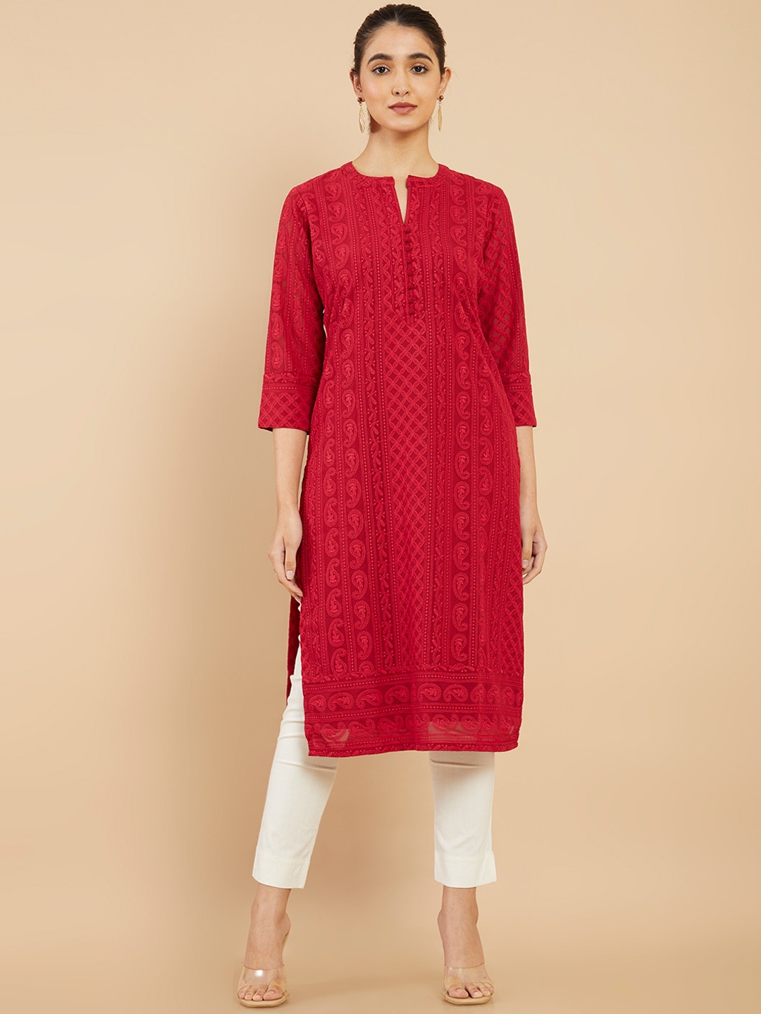 

Soch Women Maroon Keyhole Neck Chikankari Georgette Kurta