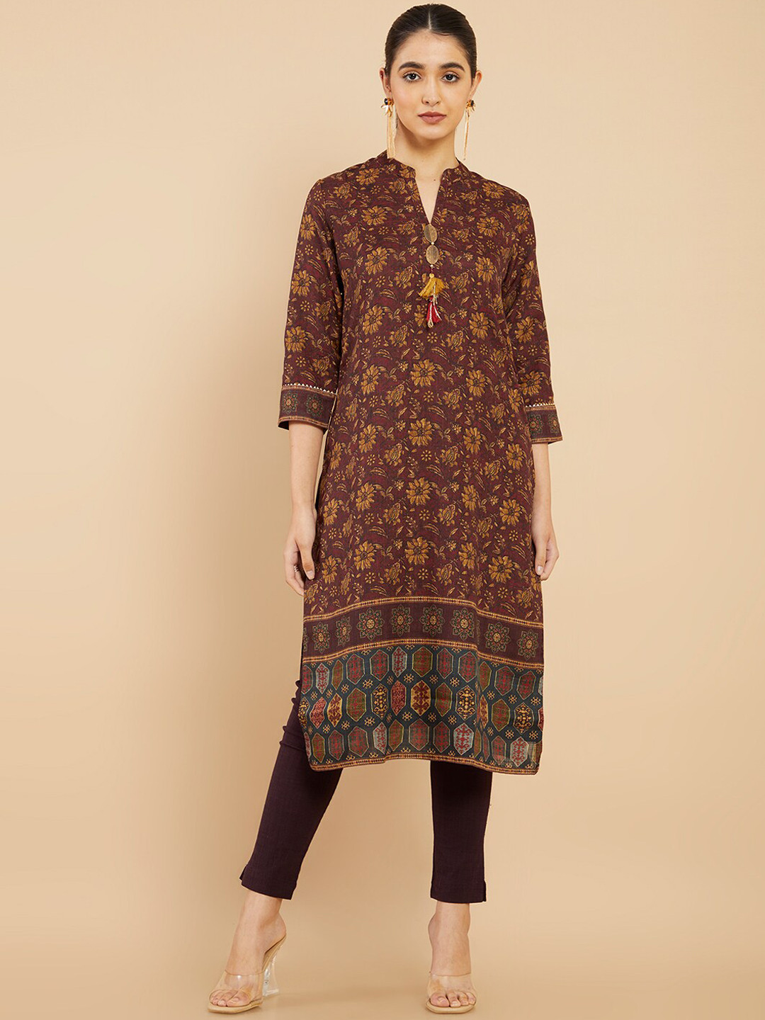 

Soch Women Burgundy Floral Printed Kurta