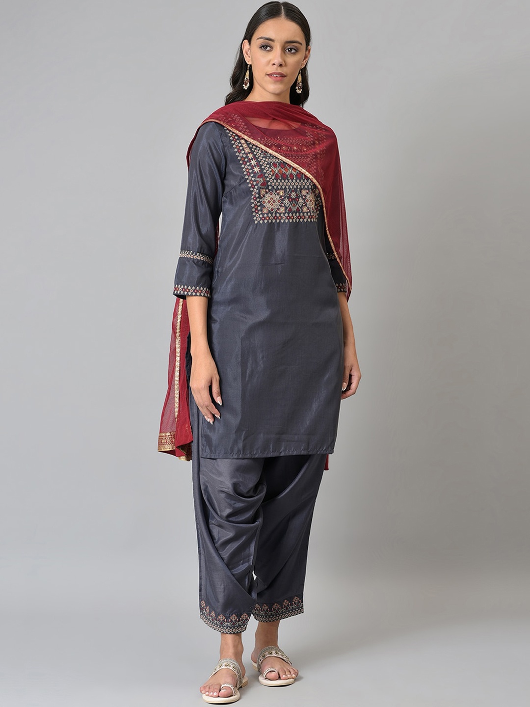 

W Festive Solid Shantung Kurta With Salwar & Dupatta, Grey