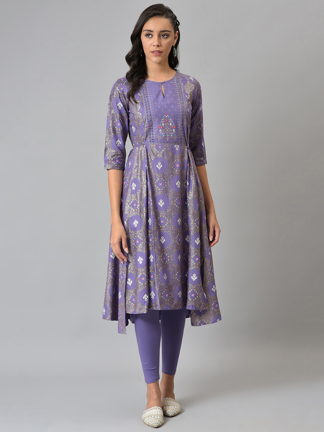 

W Women Floral Printed Pleated Kurta Set, Purple