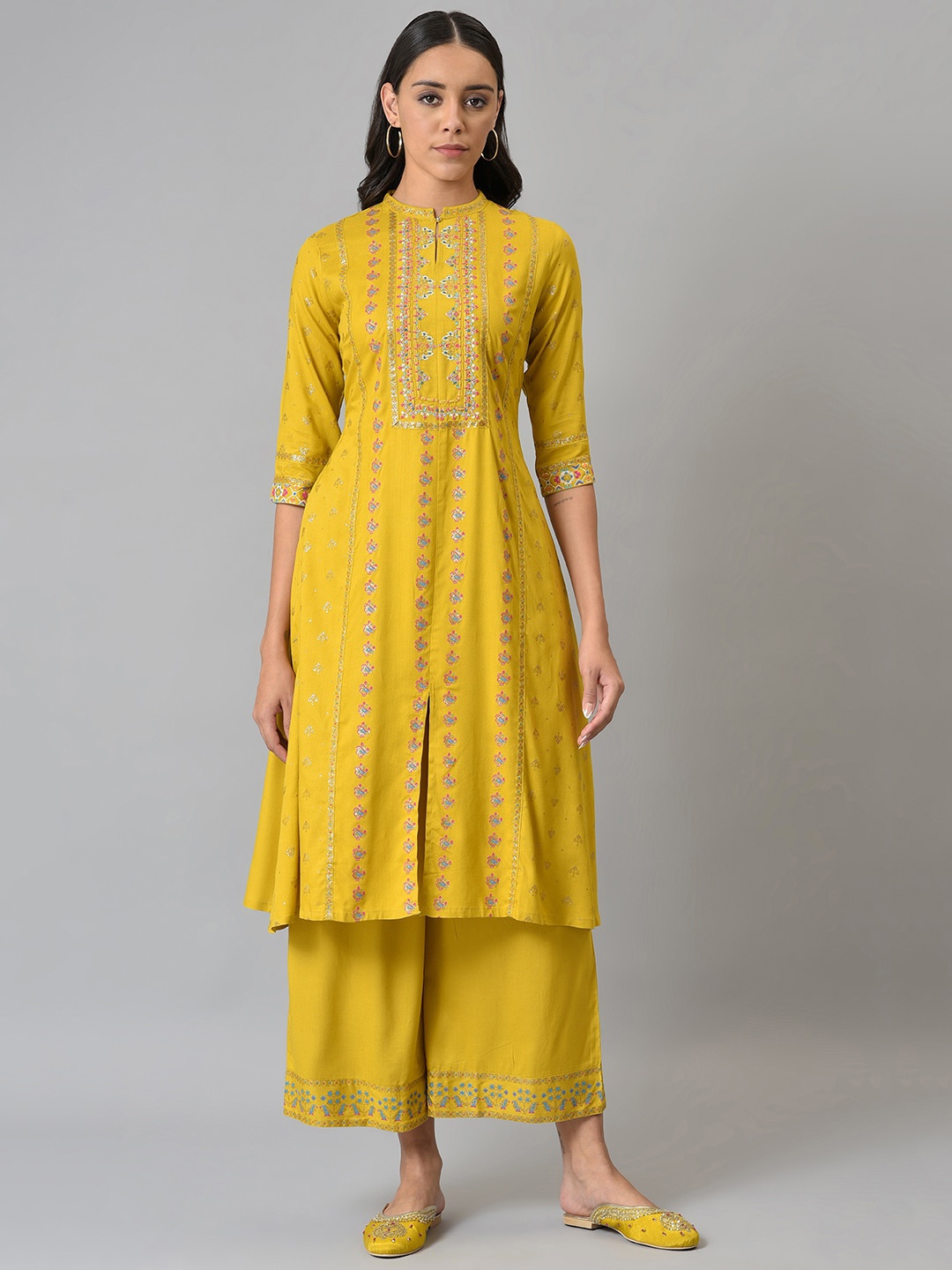 

W Festive Geometric Print Rayon Kurta With Parallel Pant, Yellow