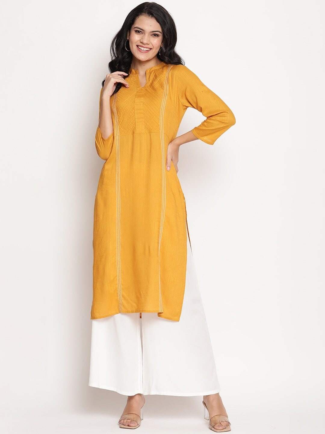 

Be Indi Women Mandarin Collar Solid Straight Side Slits Regular Kurta, Mustard