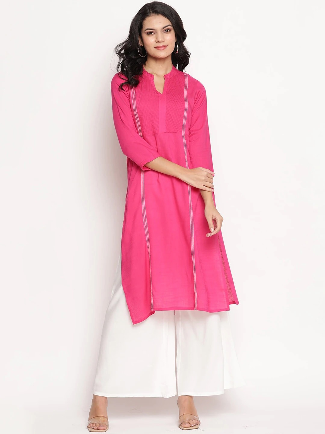 

Be Indi Women Mandarin Collar Solid A-Line Side Slits Regular Kurta, Fuchsia