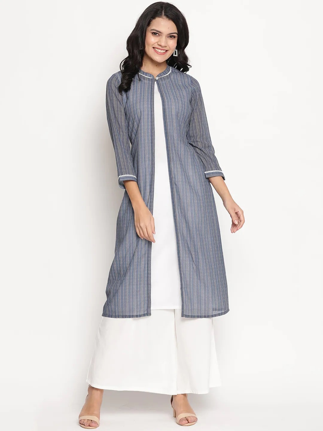 

Be Indi Women Round Neck Striped Straight Front Slit Regular Kurta, Navy blue