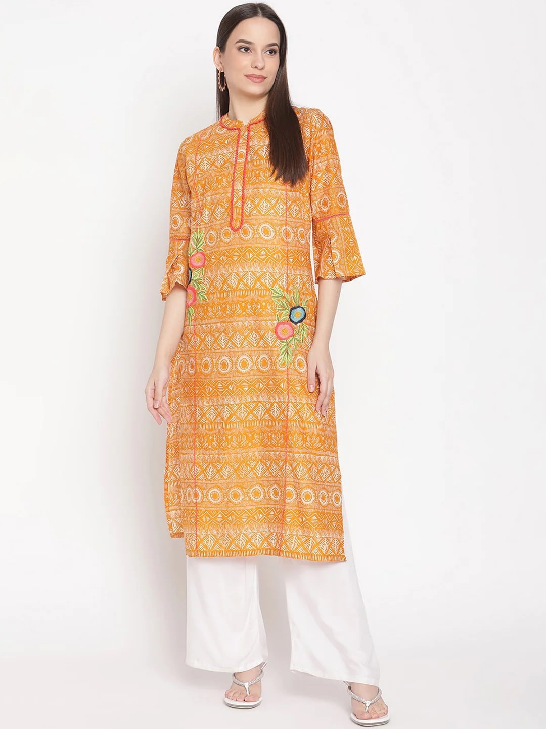 

Be Indi Women Round Neck Geometric Straight Side Slits Regular Kurta, Yellow