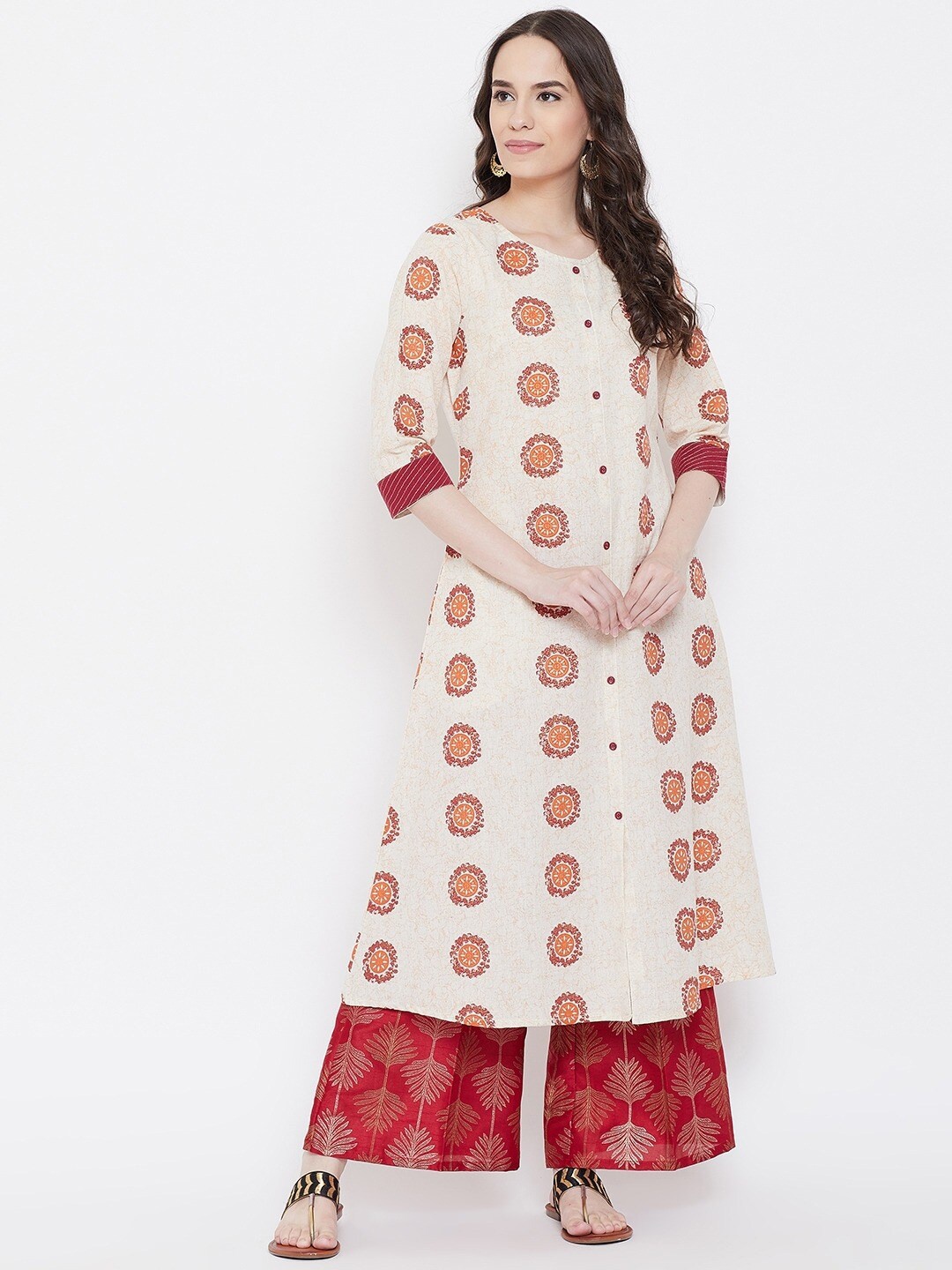 

Be Indi Women Beige & Maroon Printed A-Line Kurta