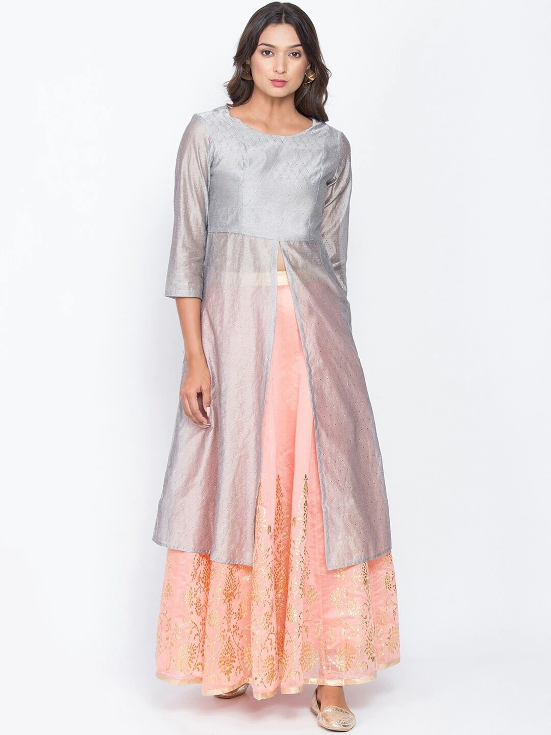 

Be Indi Women Grey Embellished Front Open Chanderi Silk Kurta