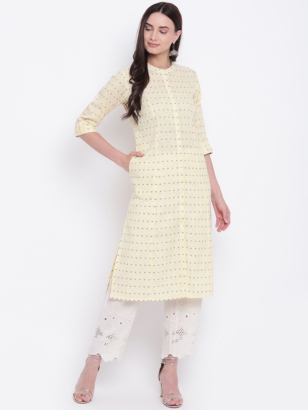 

Be Indi Women Geometric Woven Design Mandarin Collar Rolled Up Sleeves Cotton Kurta, Yellow