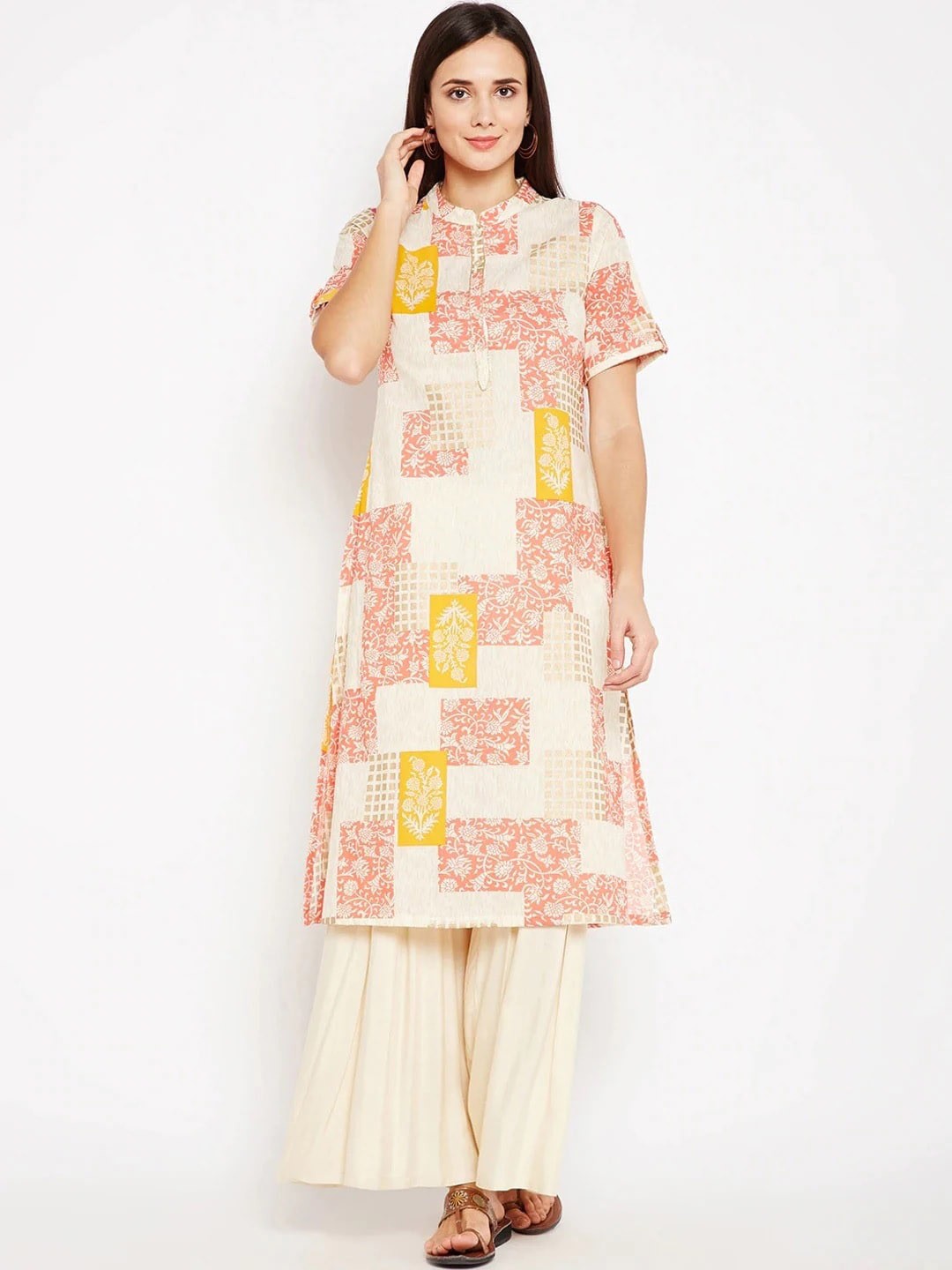 

Be Indi Women Cream-Coloured & Yellow Printed Kurta