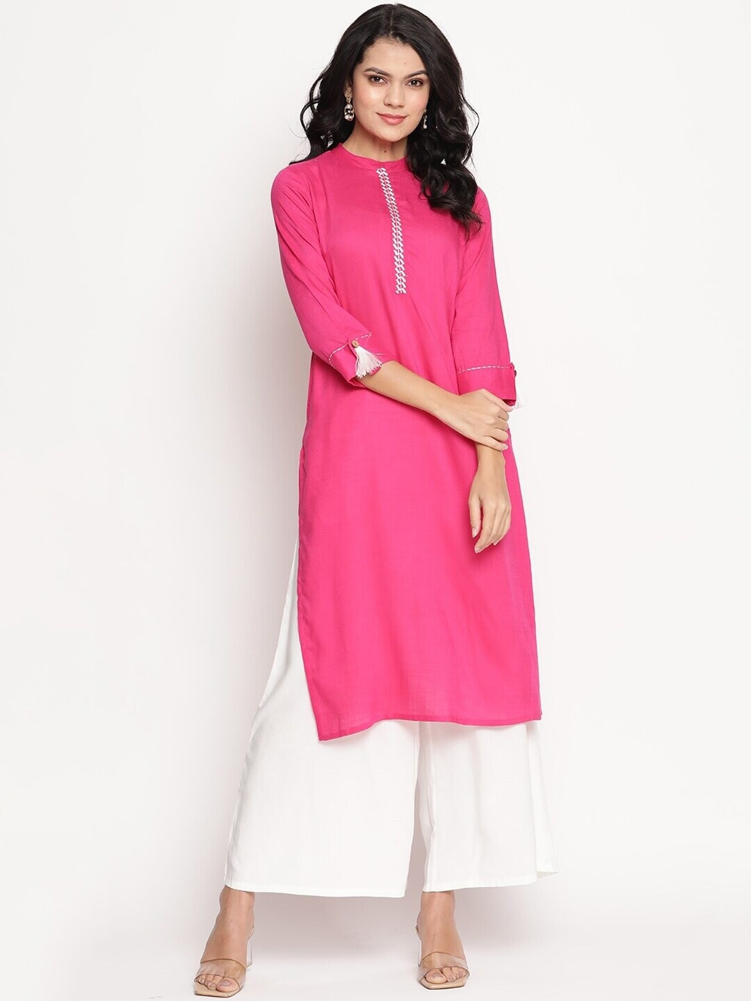 

Be Indi Women Mandarin Collar Solid Straight Side Slits Regular Kurta, Fuchsia