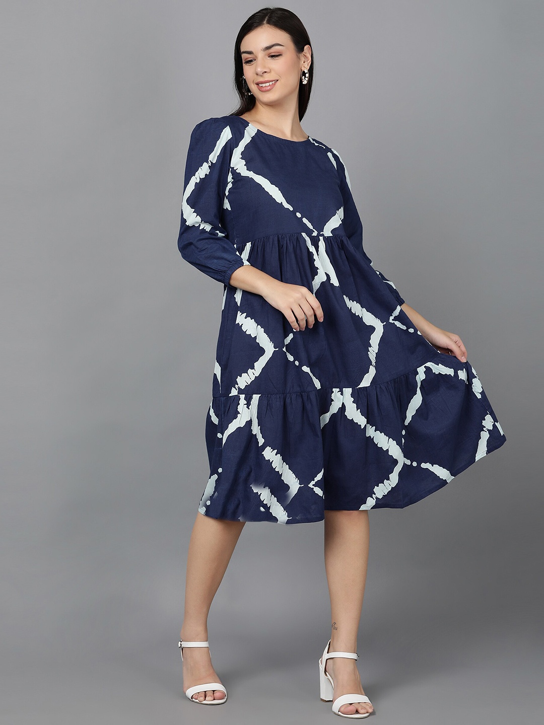 

Sangria Blue & White Cotton A-Line Midi Dress