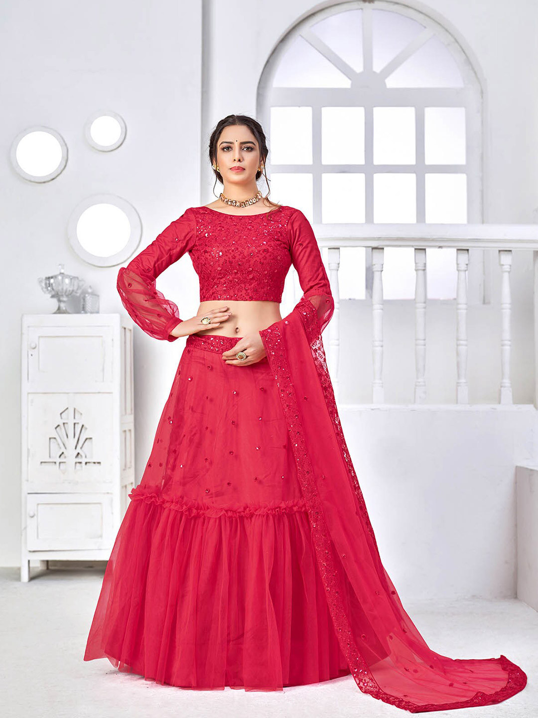 

ODETTE Fuchsia Semi-Stitched Lehenga & Unstitched Blouse With Dupatta