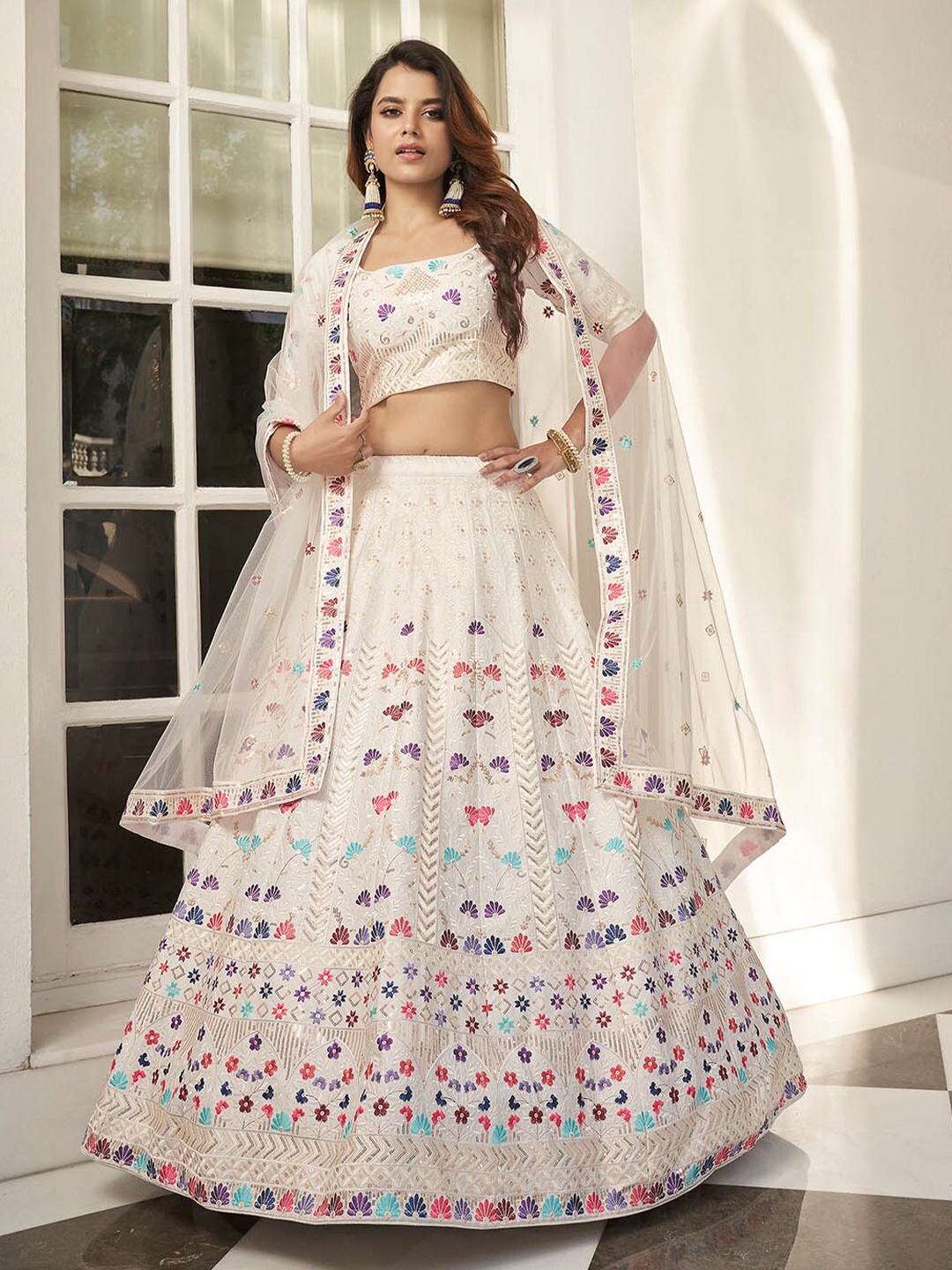 

ODETTE White & Pink Embroidered Thread Work Semi-Stitched Lehenga & Unstitched Blouse With Dupatta