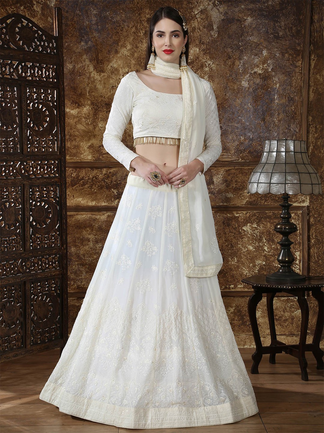 

ODETTE White & Gold-Toned Embroidered Semi-Stitched Lehenga & Unstitched Blouse With Dupatta