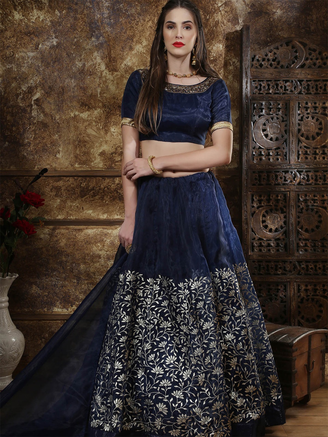

ODETTE Women Navy Blue & Gold-Toned Semi-Stitched Lehenga & Unstitched Blouse With Dupatta