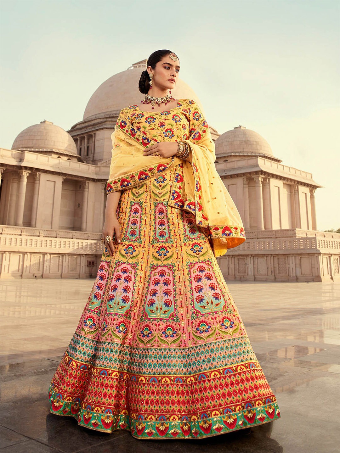

ODETTE Women Yellow & Pink Semi-Stitched Lehenga & Unstitched Blouse With Dupatta
