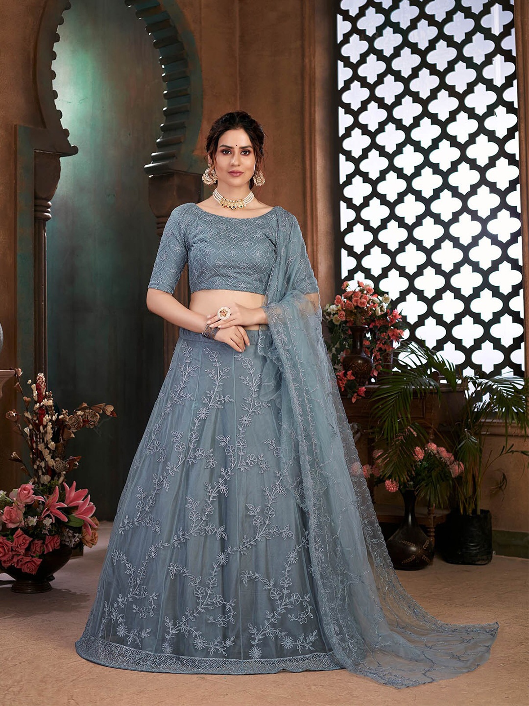 

ODETTE Grey Embroidered Semi-Stitched Lehenga & Unstitched Blouse With Dupatta